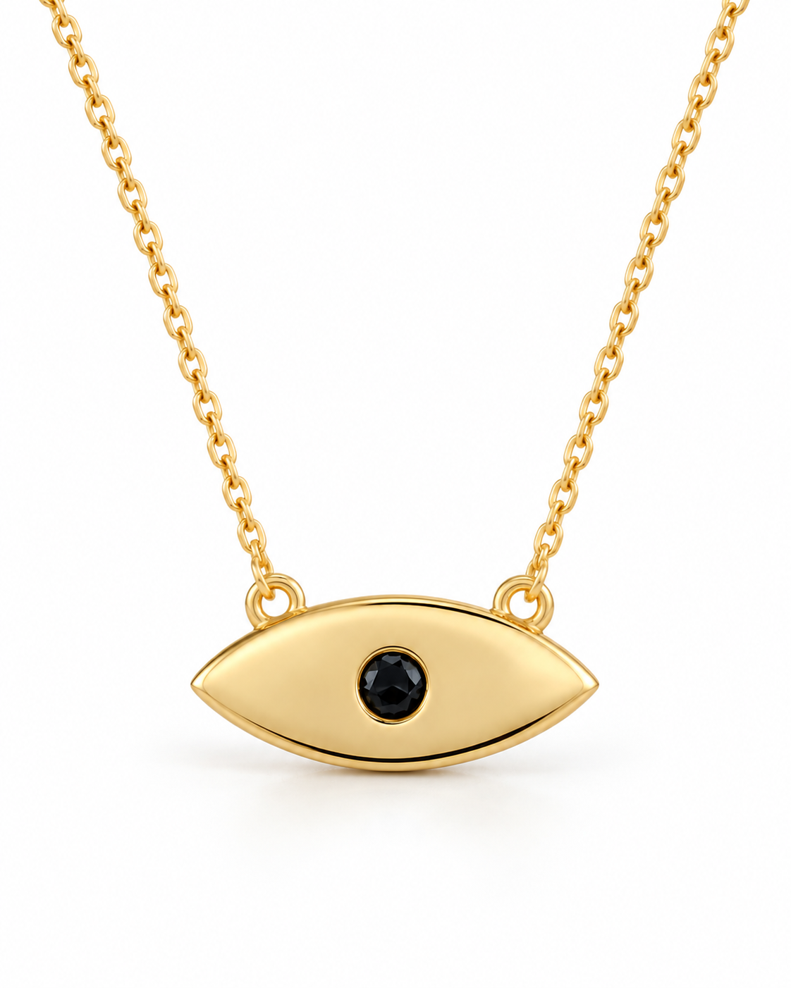 Close-up of Black Onyx Evil Eye Bar Pendant, showing the gold finish over sterling silver