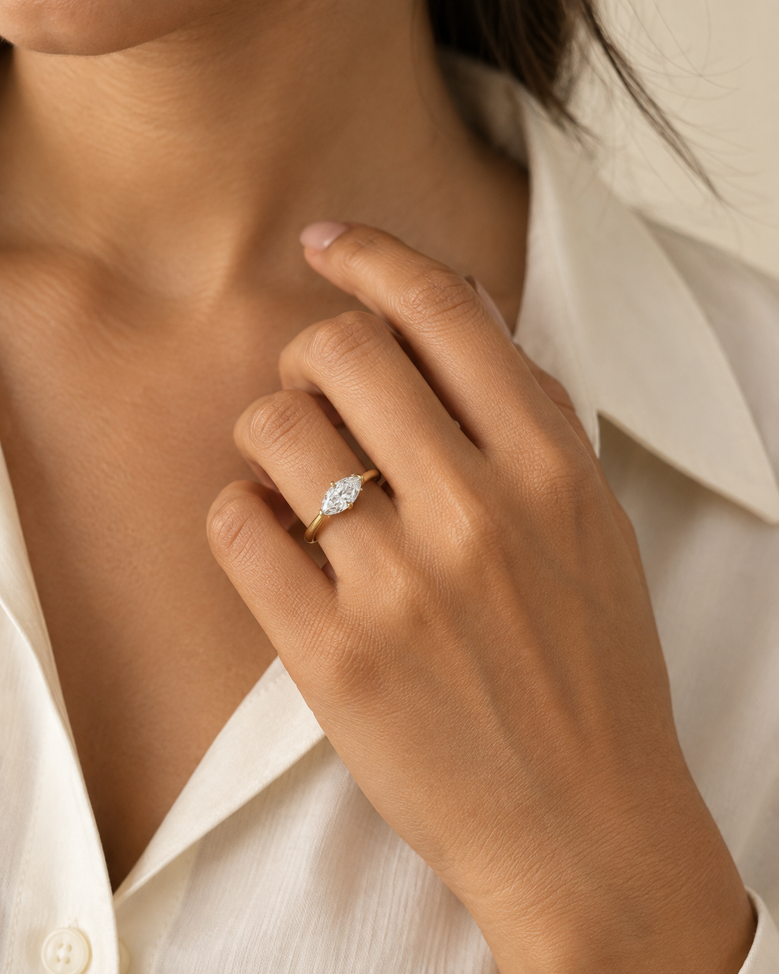 Close-up of the Lab-grown diamond and its setting in Lab Grown Diamond Marquise Solitaire Ring