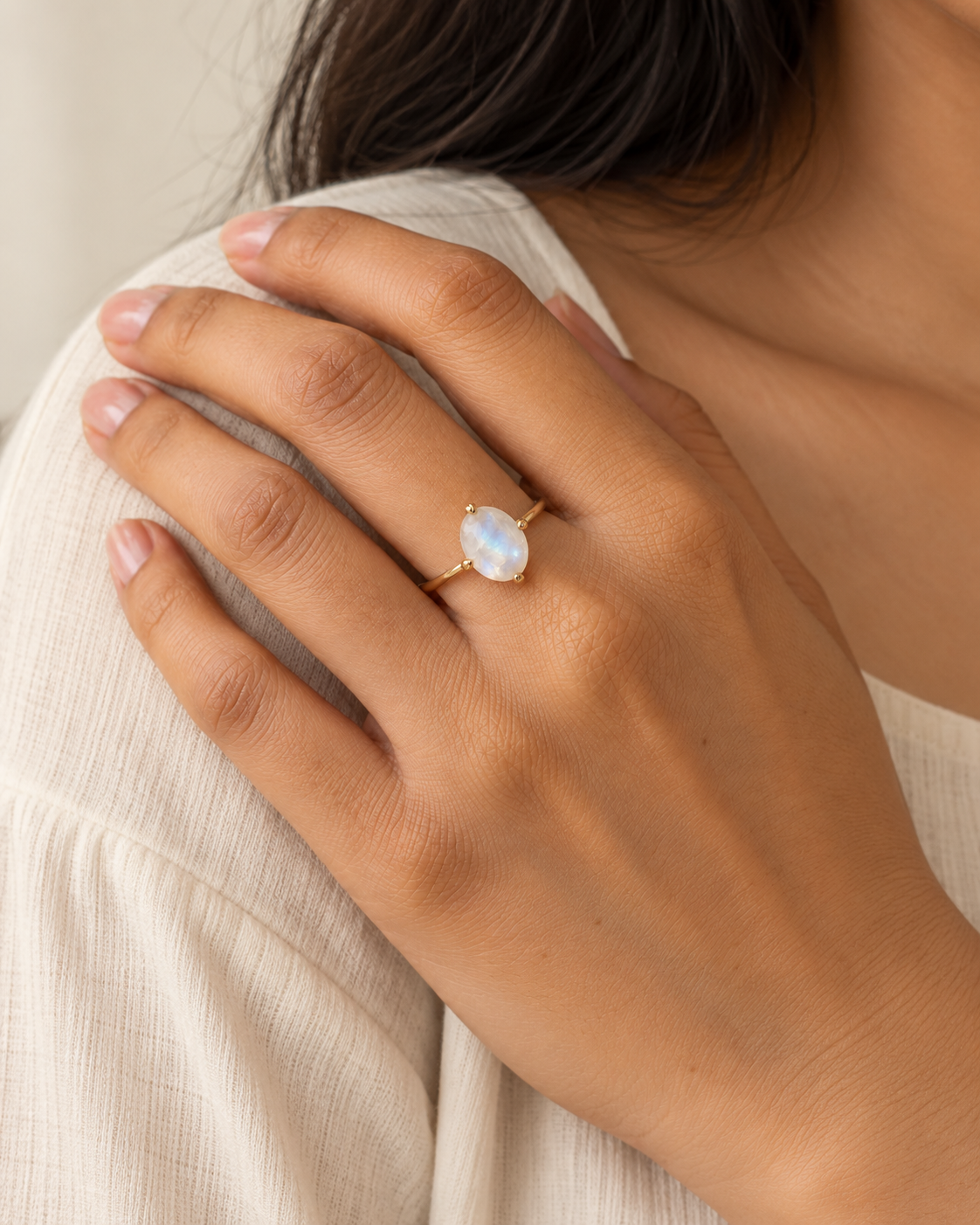 Close-up of the Natural moonstone and its setting in Moonstone Oval Cabochon Ring