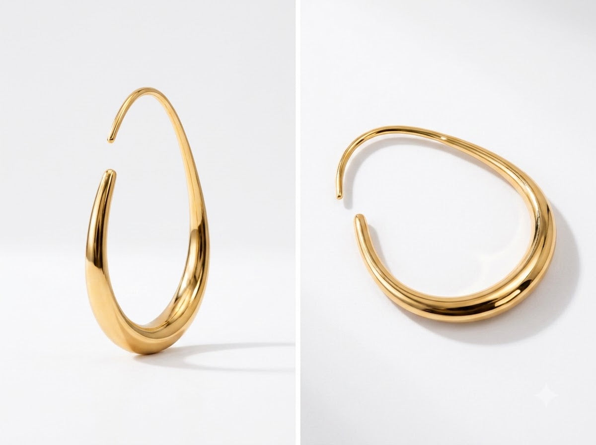 Close-up of Teardrop Threader Silver Hoops, showing the gold finish over sterling silver