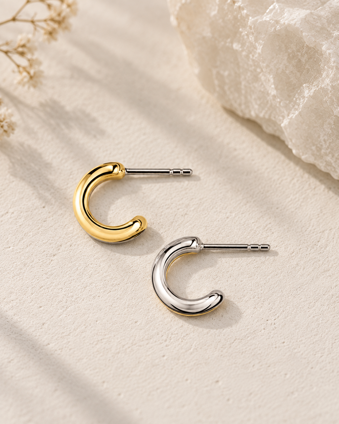 Close-up of Two-Tone Square Silver Huggies, showing the gold finish over sterling silver