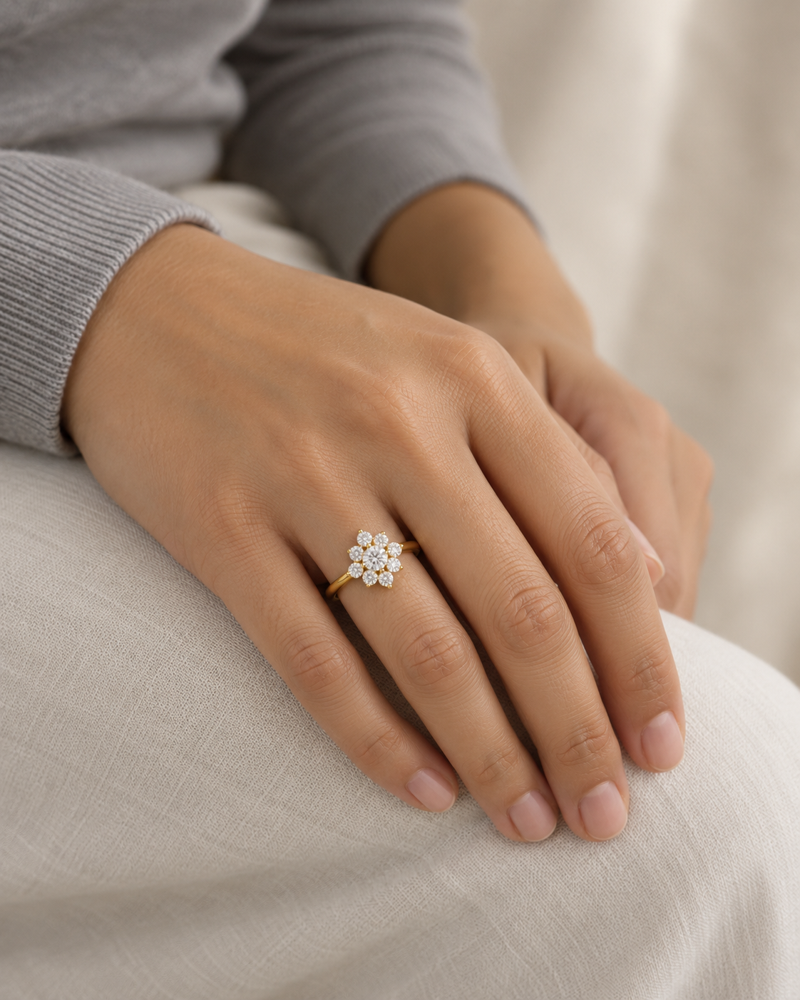 Close-up of the Lab-grown diamond and its setting in Lab Grown Diamond Flower Cluster Ring