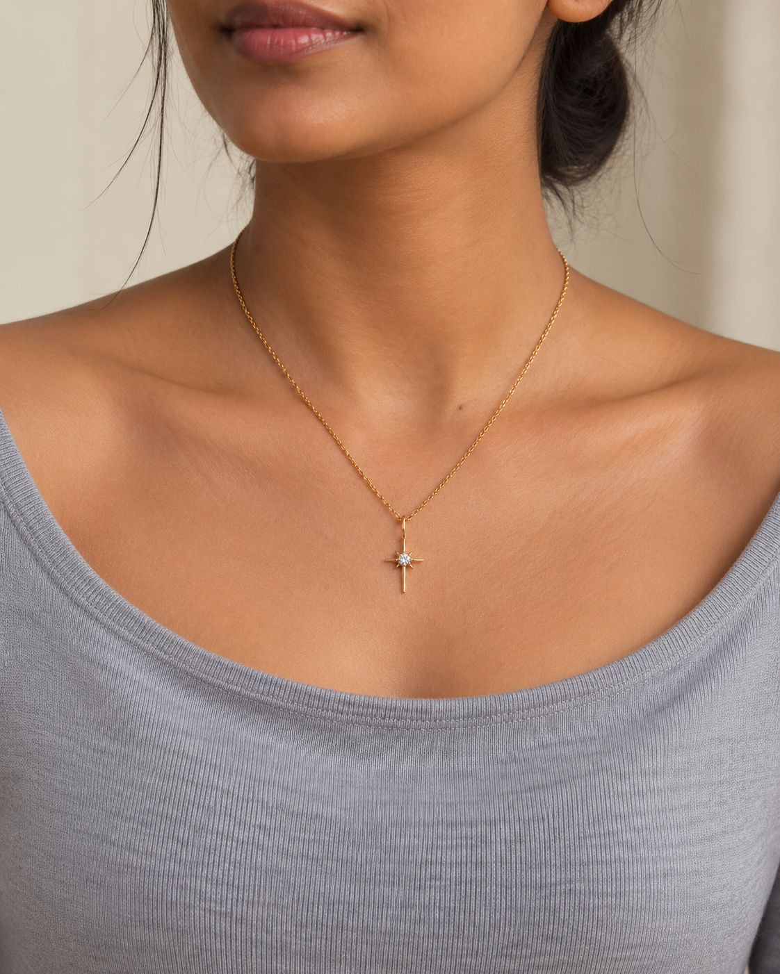 Close-up of the Natural moonstone and its setting in Moonstone North Star Pendant