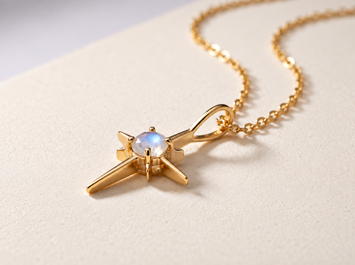 Close-up of Moonstone North Star Pendant, showing the gold finish over sterling silver