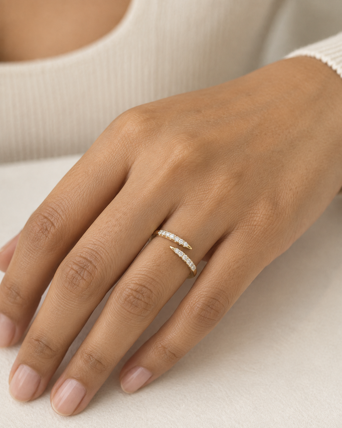 Close-up of the Lab-grown diamond and its setting in Lab Grown Diamond Wave Pave Ring