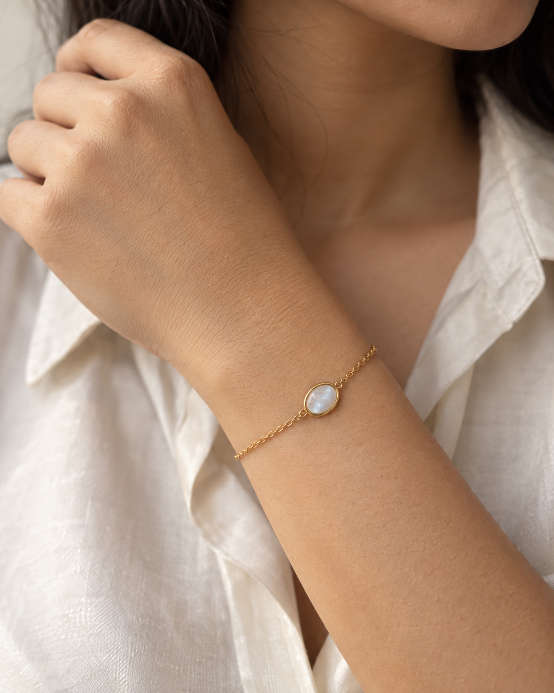 Close-up of the Natural moonstone and its setting in Moonstone Oval Bezel Bracelet