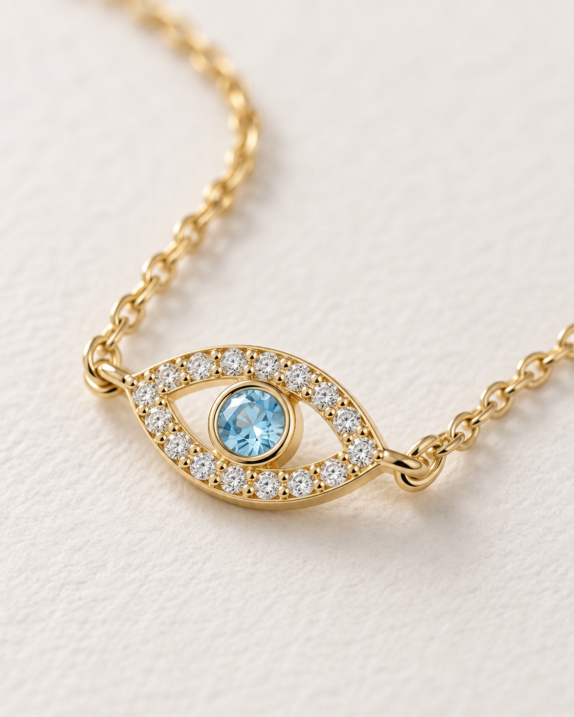 Close-up of Blue Topaz Evil Eye Pendant, showing the gold finish over sterling silver