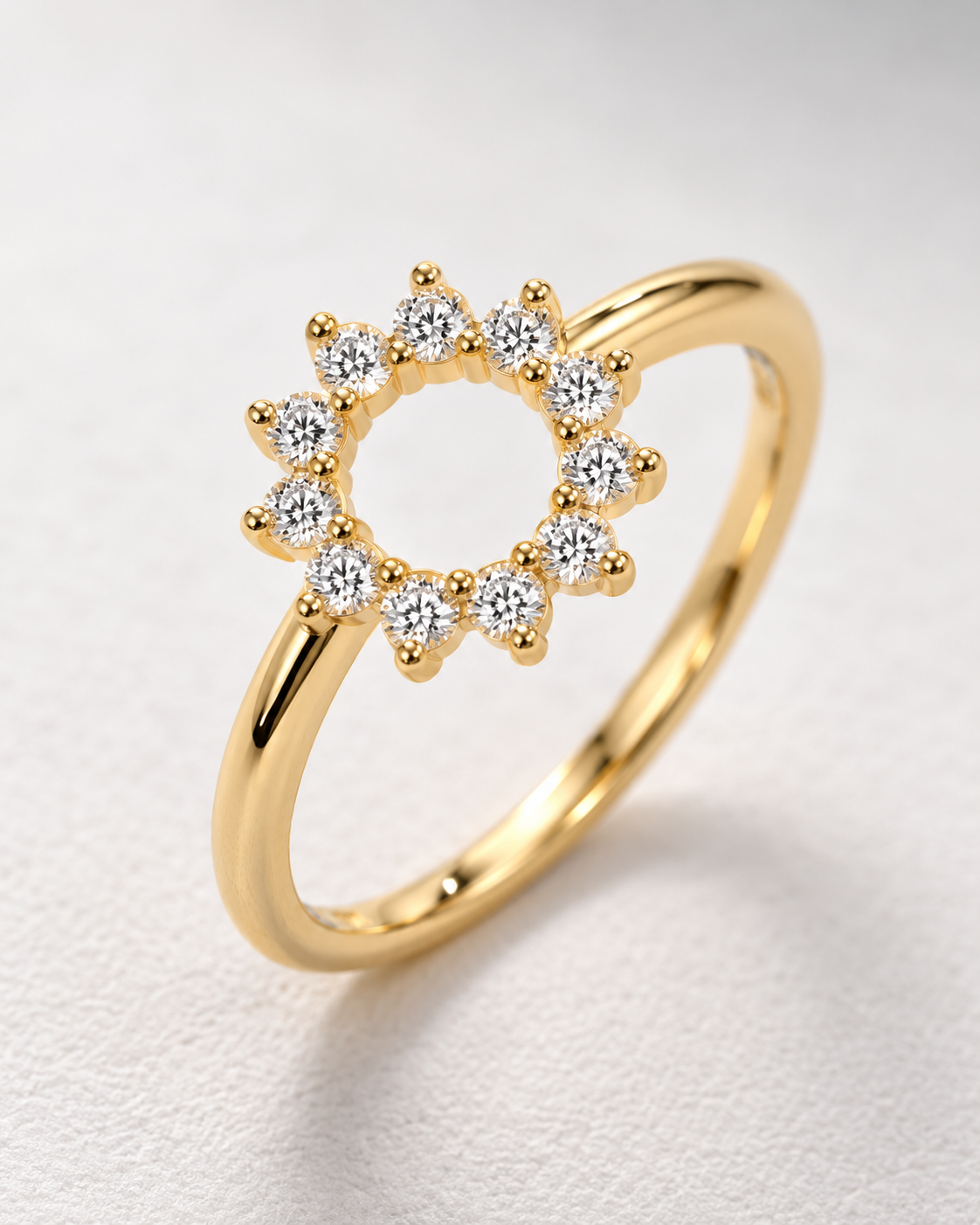 Close-up of Lab Grown Diamond Sun Ring, showing the gold finish over sterling silver