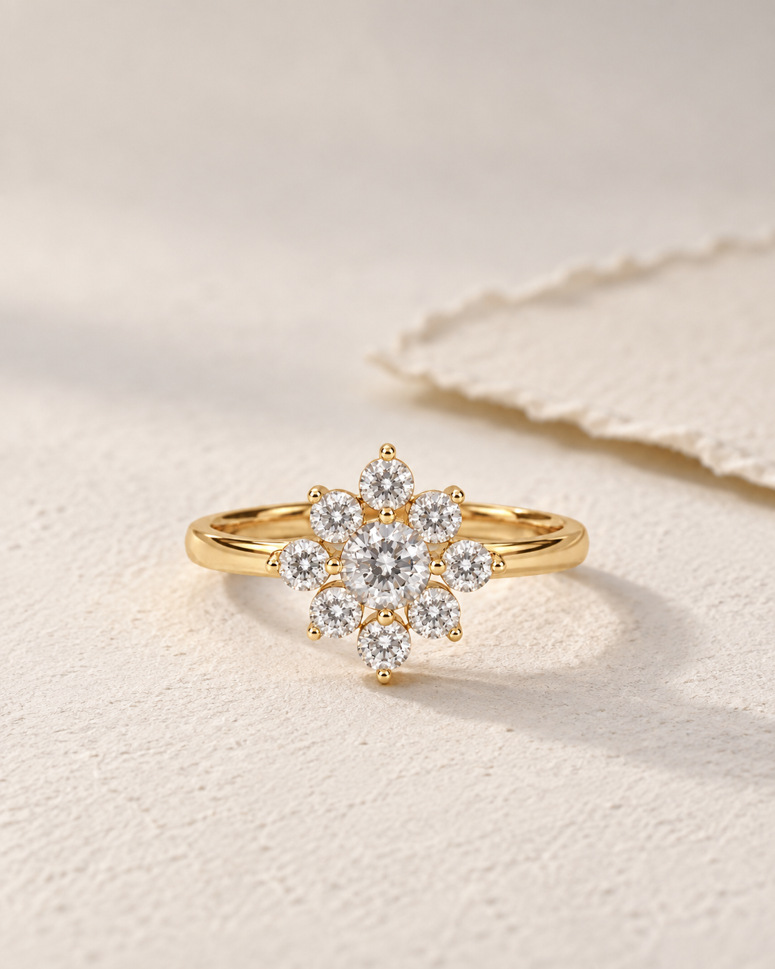 Close-up of Lab Grown Diamond Flower Cluster Ring, showing the gold finish over sterling silver